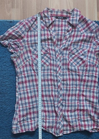s Beden çeşitli Renk Vintage Pembe Ekose Desenli Kısa Kollu Gömlek