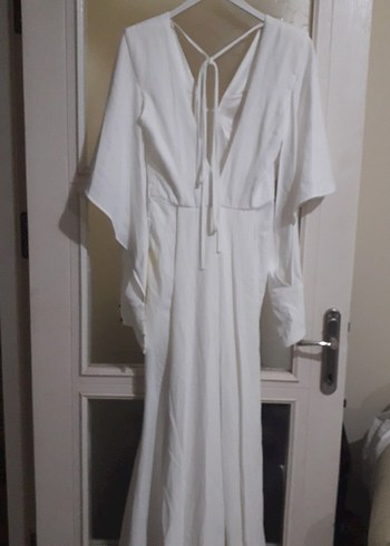 Uzun Kol Drapeli Beyaz V Yaka Abiye - Görsel 2