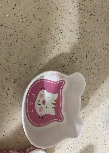 Bebek ek gıda setiPembe Kedi Desenli Seramik Tabak - Görsel 5