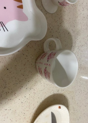 Bebek ek gıda setiPembe Kedi Desenli Seramik Tabak - Görsel 2