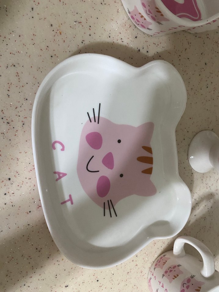 Bebek ek gıda setiPembe Kedi Desenli Seramik Tabak - Görsel 4
