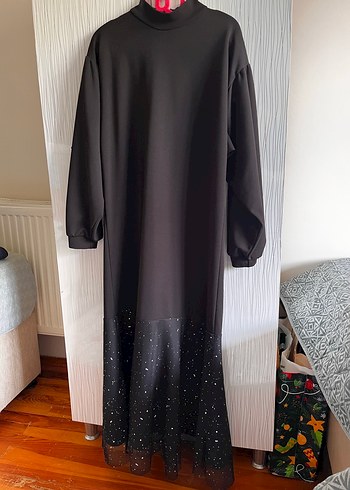 Siyah Uzun Yaka Drapeli Gotik Elbise