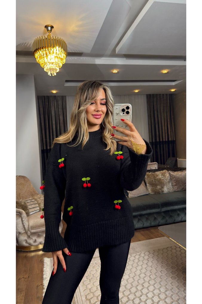 Nakışlı Sarı Triko Kadın Kazak - Görsel 2