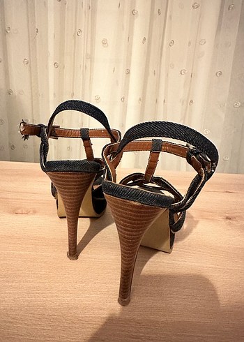 37 Beden kahverengi Renk Kadın Denim Topuklu Kemerli Sandalet