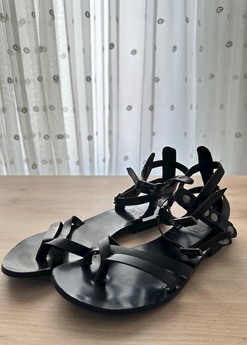 Siyah Deri Tokalı Bohem Kadın Sandalet - Görsel 2