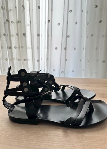 Siyah Deri Tokalı Bohem Kadın Sandalet - Görsel 5