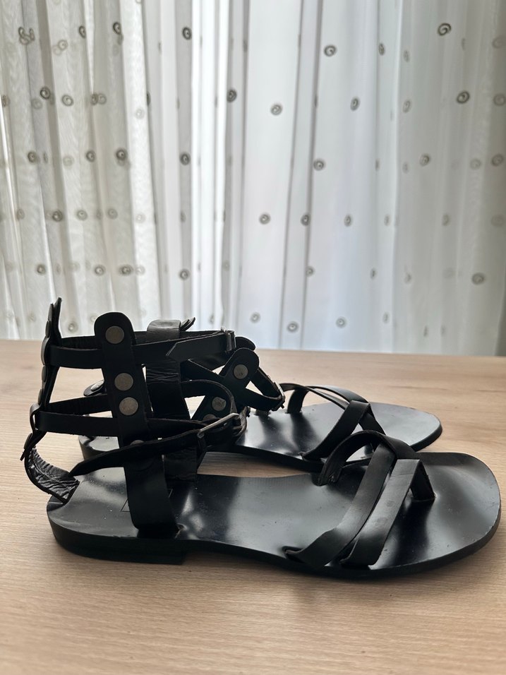 Siyah Deri Tokalı Bohem Kadın Sandalet - Görsel 5