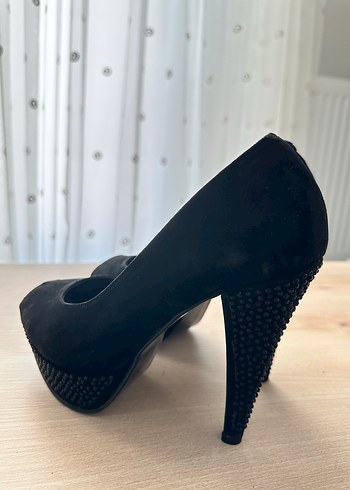 Siyah Süet Taşlı Platform Topuk Ayakkabı - Görsel 4