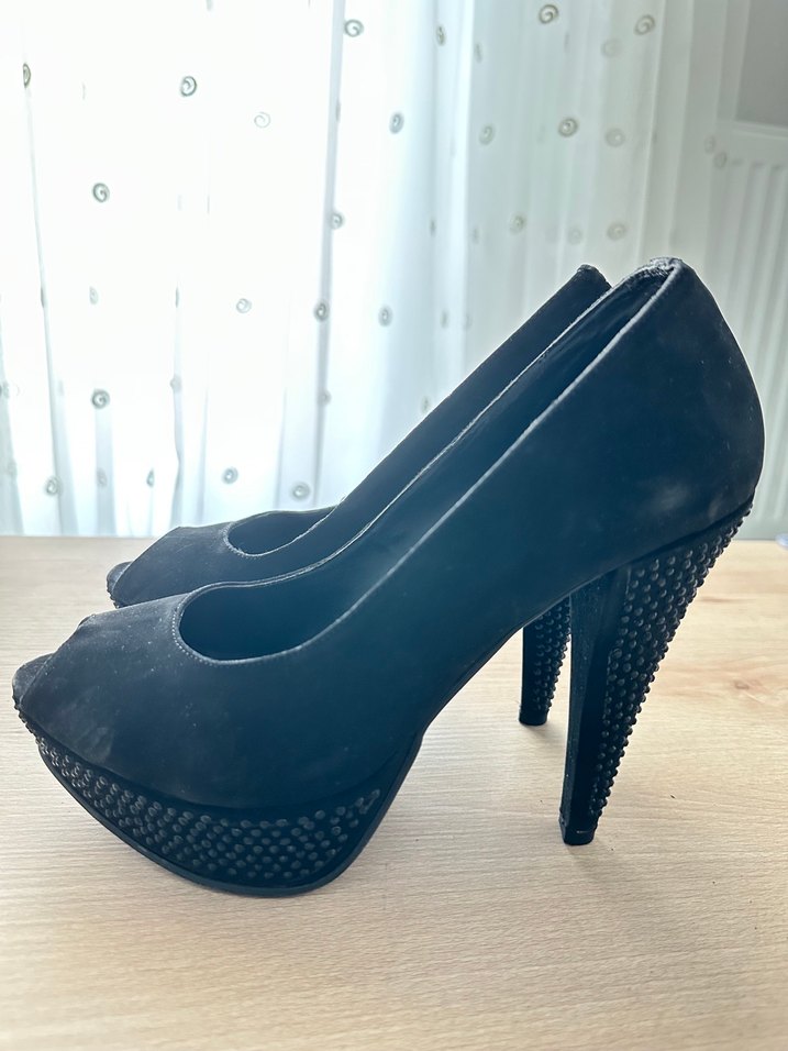 Siyah Süet Taşlı Platform Topuk Ayakkabı - Görsel 3