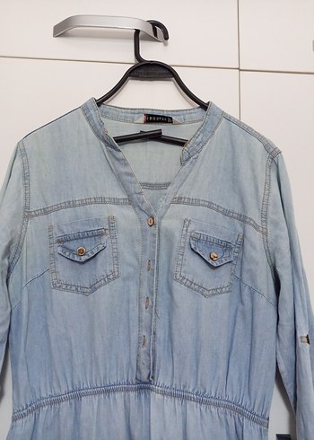 Diğer Mavi Uzun Denim Elbise V Yakalı
