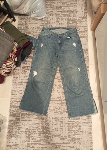 Kadın Mavi Bol Kesim Midi Kot Pantolon