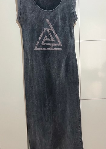 Gri Kolsuz Uzun Denim Elbise