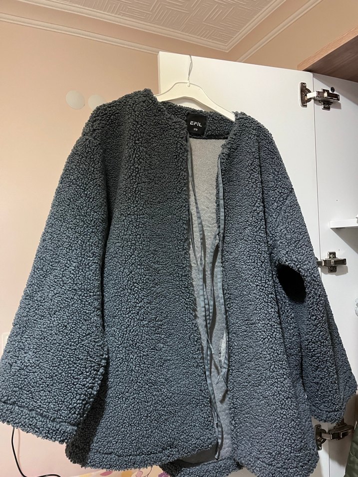 Gri ip bağlamalı Kadın Polar Ceket - Görsel 4