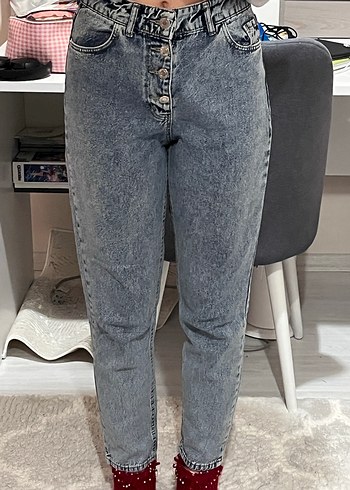 Düğmeli Gri Mavi Kadın Denim Pantolon - Görsel 4