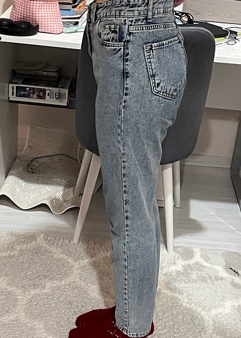 Düğmeli Gri Mavi Kadın Denim Pantolon - Görsel 5