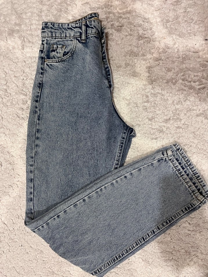 Düğmeli Gri Mavi Kadın Denim Pantolon - Görsel 2