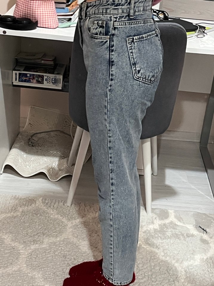 Düğmeli Gri Mavi Kadın Denim Pantolon - Görsel 5