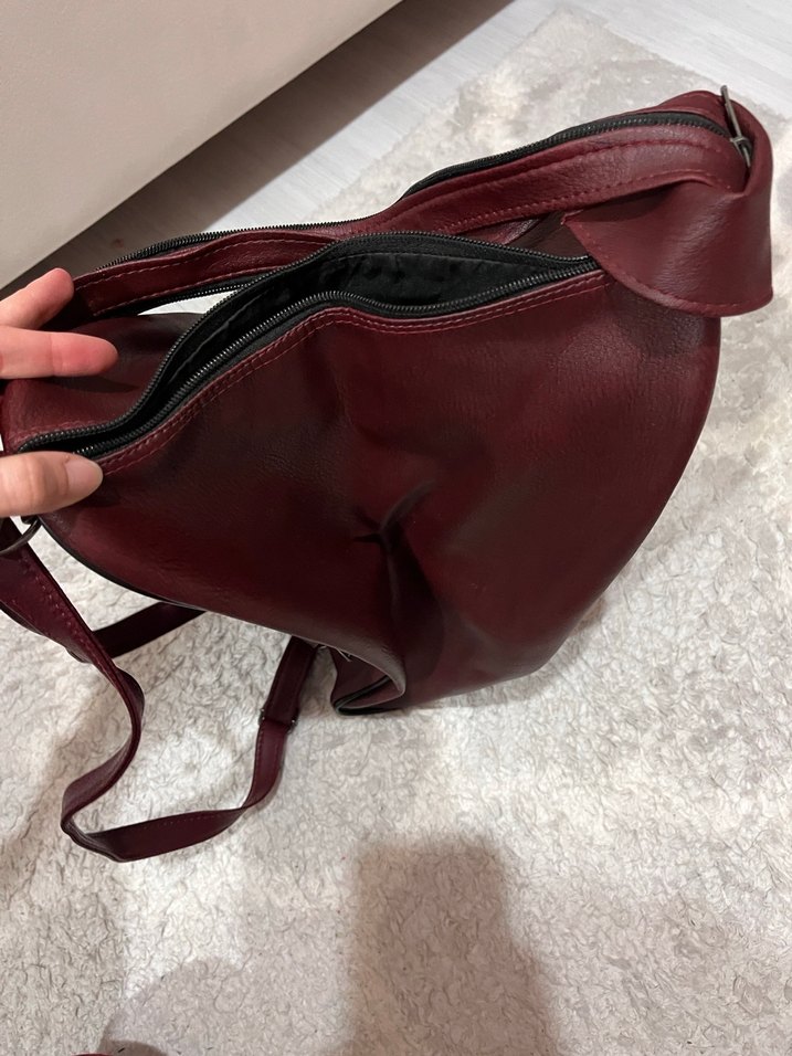 Bordo Deri Fermuarlı Kadın Sırt Çantası - Görsel 3