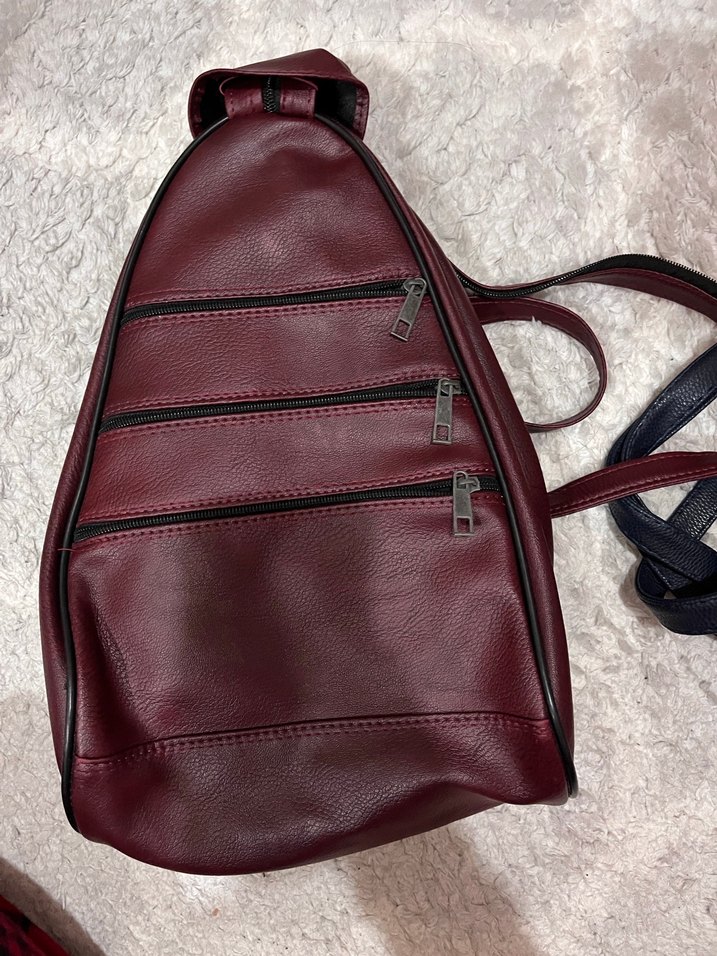 Bordo Deri Fermuarlı Kadın Sırt Çantası - Görsel 2