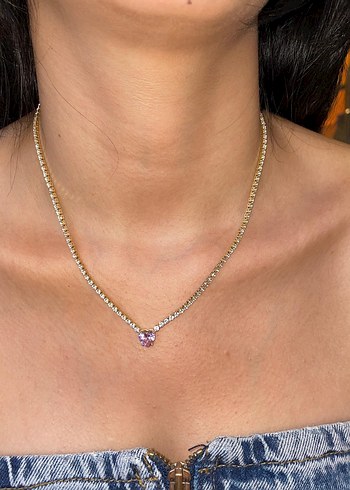 Beden pembe Renk Gold Taşlı Pink Heart Kolye