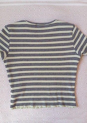 Çizgili Kısa Kollu Mini Kadın Crop - Görsel 2