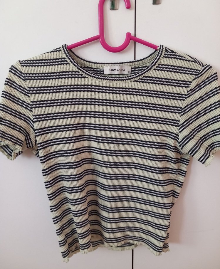 Çizgili Kısa Kollu Mini Kadın Crop - Görsel 3