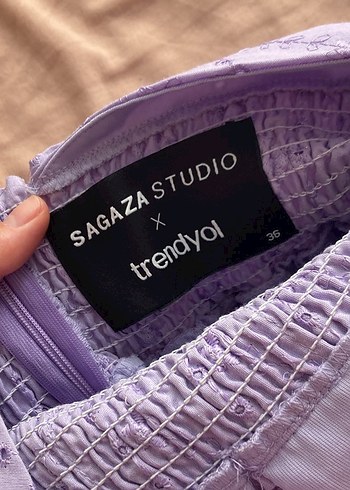 Sagaza Madrid Mor Nakışlı Straplez Midi Elbise