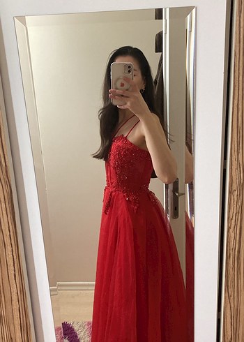 Uzun Kırmızı Transparan Straplez Kadın Abiye - Görsel 2