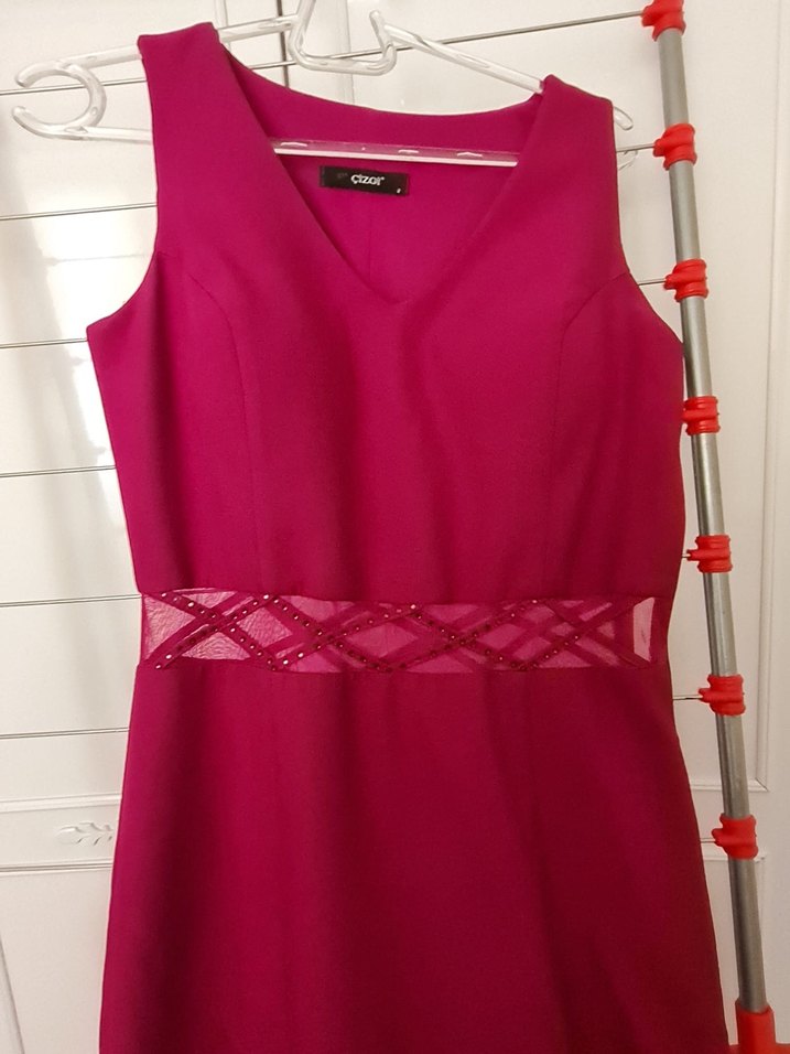 Fuşya V Yakalı Uzun Abiye Elbise - Görsel 3