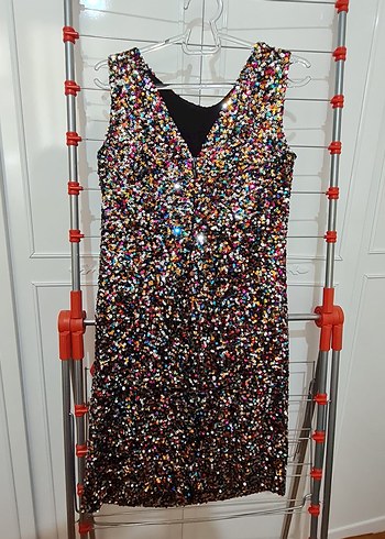 Renkli Payetli Midi Abiye Elbise - Görsel 2