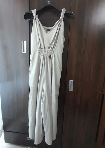 Kadın Bej Keten V Yaka Uzun Tulum