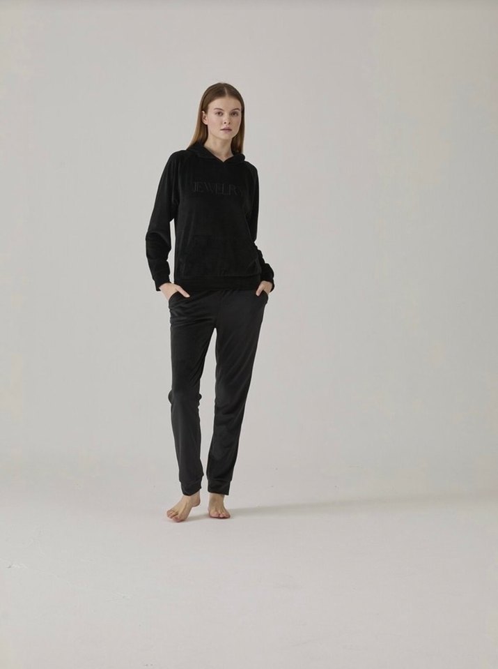 Siyah Kadife Kapüşonlu Kadın Eşofman Takımı - Görsel 2