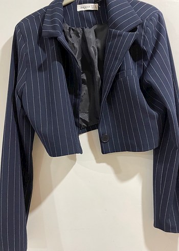 Düğmeli Çizgili Mavi Kadın Blazer