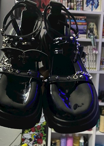 Zincir Detaylı Siyah Platform lolita ayakkabı - Görsel 4