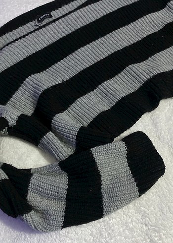 Çizgili Gri Siyah Triko Kadın Kazak - Görsel 2