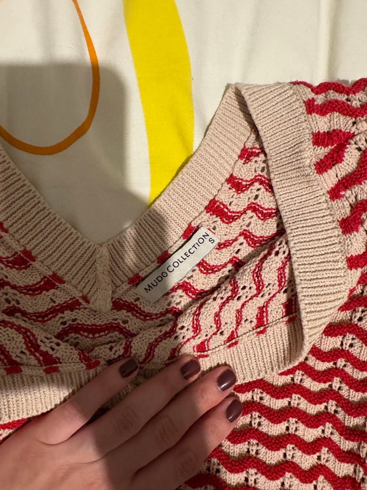 Mudo V Yaka Kısa Kollu Renkli Örgü Kadın Kazak - Görsel 2