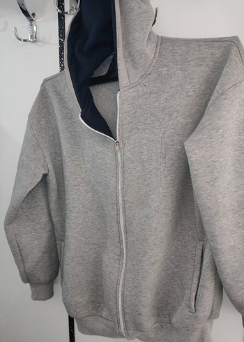 3 İplik şardonlu tam kalıp Gri Kapüşonlu Fermuarlı Sweatshirt - Görsel 2