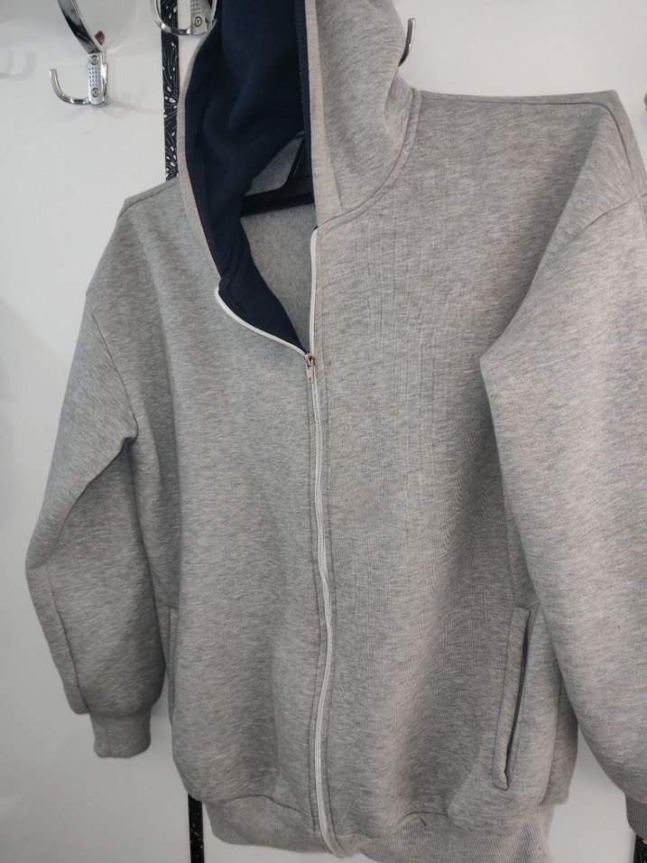 3 İplik şardonlu tam kalıp Gri Kapüşonlu Fermuarlı Sweatshirt - Görsel 2