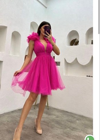 Pembe Mini V Yaka Kabarık Kollu Elbise
