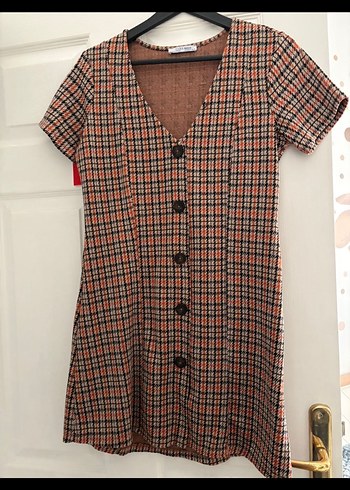 Zara Düğmeli Kahverengi Kareli Midi Elbise