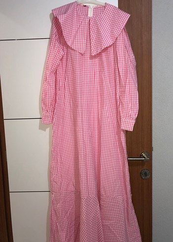 Pembe Ekose Desenli Uzun Salaş Elbise