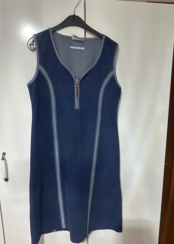 Denim V Yaka Fermuarlı Midi Elbise