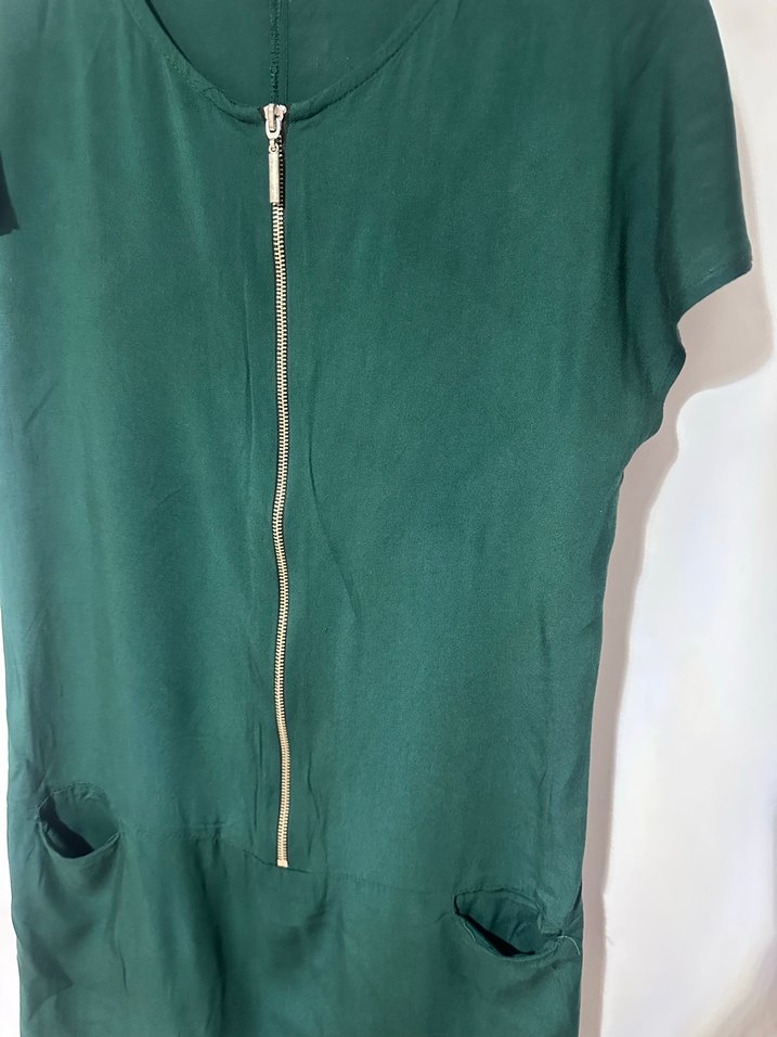 Koyu Yeşil Fermuarlı Mini Elbise - Görsel 2