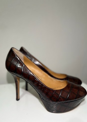 Kahverengi Deri Platform Topuklu Stiletto