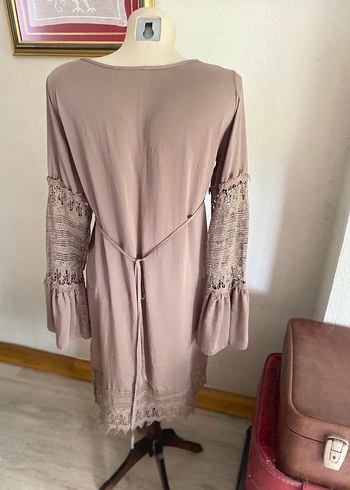 Yağ Yeşili Vintage Dantel Detaylı Elbise - Görsel 6