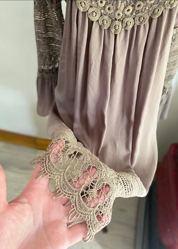 Yağ Yeşili Vintage Dantel Detaylı Elbise - Görsel 5