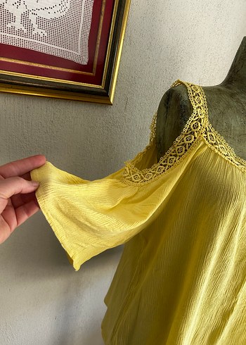 Dantel Detaylı Sarı Bohem Bluz - Görsel 2