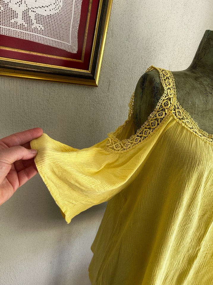 Dantel Detaylı Sarı Bohem Bluz - Görsel 2
