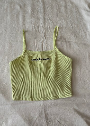 Sarı Nakışlı İnce Askılı Crop Top