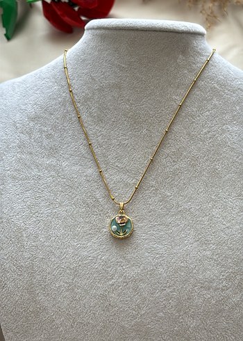 Turkuaz Mini çiçek Desenli Zincir Kolye - Görsel 2